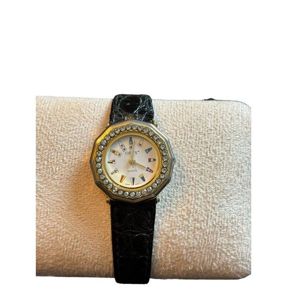 Oryx Women\'s Quartz Watch With Rhinestones & Black Leather Band